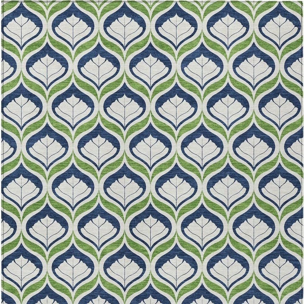 10' X 14' Blue Ivory And Green Geometric Washable Indoor Outdoor Area Rug
