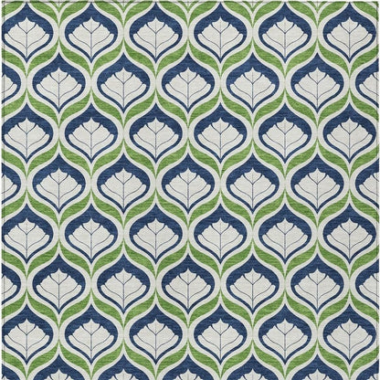 10' X 14' Blue Ivory And Green Geometric Washable Indoor Outdoor Area Rug