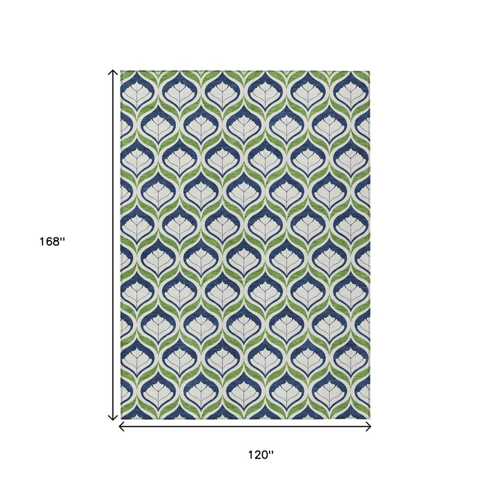 10' X 14' Blue Ivory And Green Geometric Washable Indoor Outdoor Area Rug
