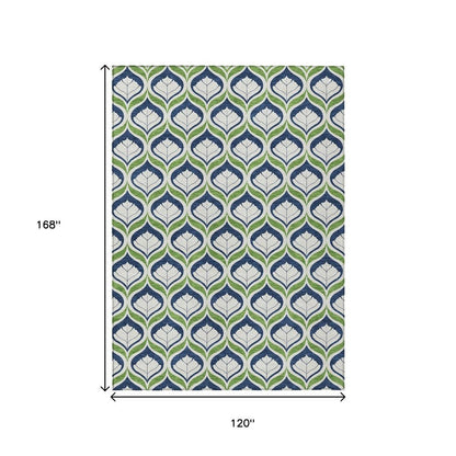 10' X 14' Blue Ivory And Green Geometric Washable Indoor Outdoor Area Rug