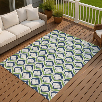 10' X 14' Blue Ivory And Green Geometric Washable Indoor Outdoor Area Rug