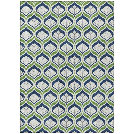 10' X 14' Blue Ivory And Green Geometric Washable Indoor Outdoor Area Rug
