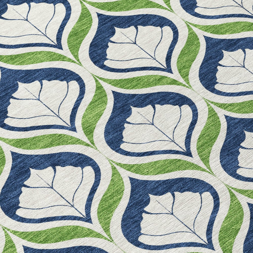 10' X 14' Blue Ivory And Green Geometric Washable Indoor Outdoor Area Rug