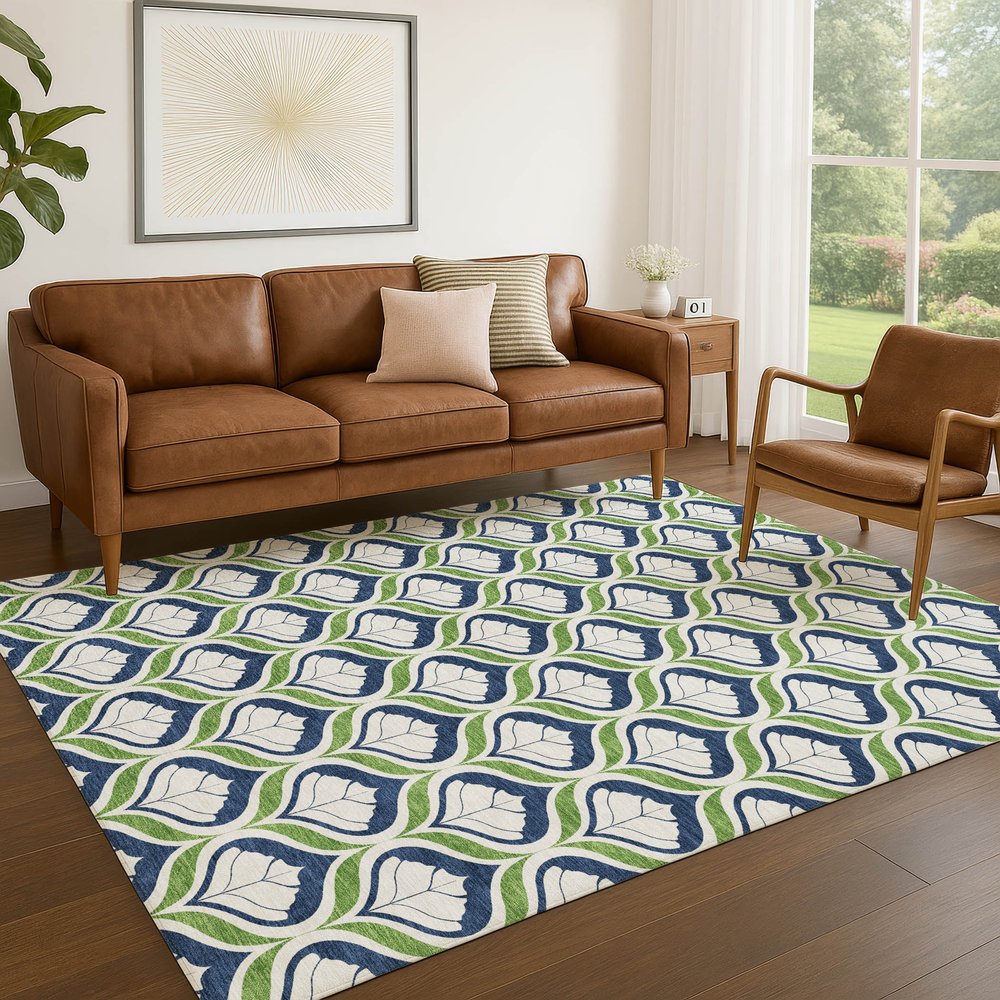 10' X 14' Blue Ivory And Green Geometric Washable Indoor Outdoor Area Rug
