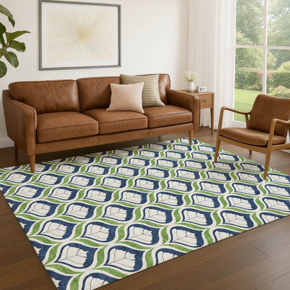 10' X 14' Blue Ivory And Green Geometric Washable Indoor Outdoor Area Rug