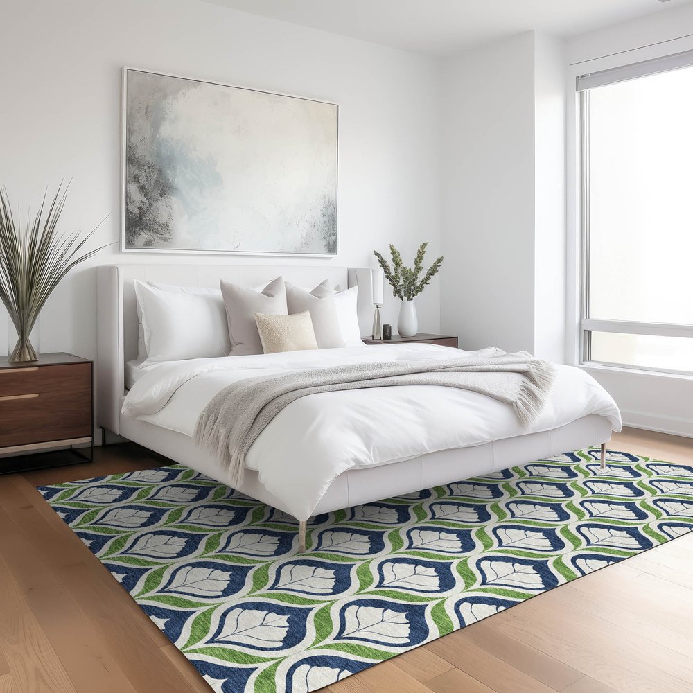 10' X 14' Blue Ivory And Green Geometric Washable Indoor Outdoor Area Rug