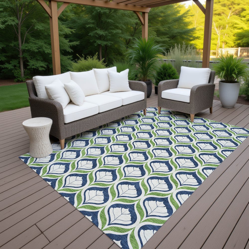 10' X 14' Blue Ivory And Green Geometric Washable Indoor Outdoor Area Rug