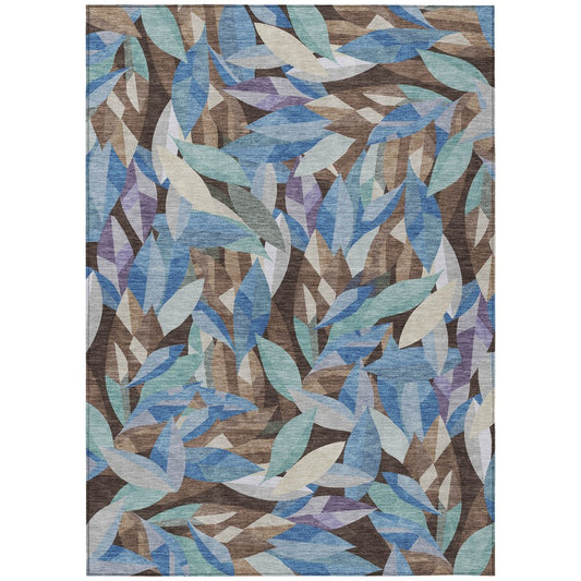 10' X 14' Brown And Blue Floral Washable Indoor Outdoor Area Rug