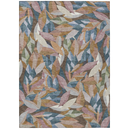 9' X 12' Copper And Blue Floral Washable Indoor Outdoor Area Rug