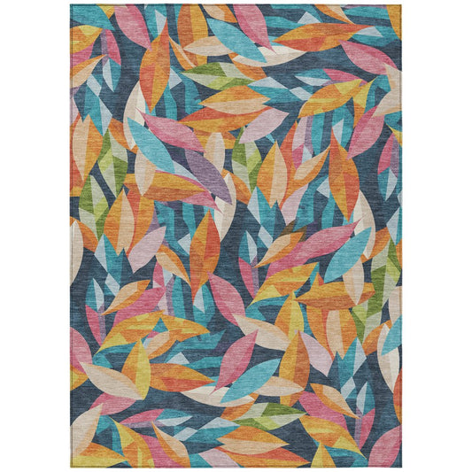 10' X 14' Navy Blue Orange And Yellow Floral Washable Indoor Outdoor Area Rug