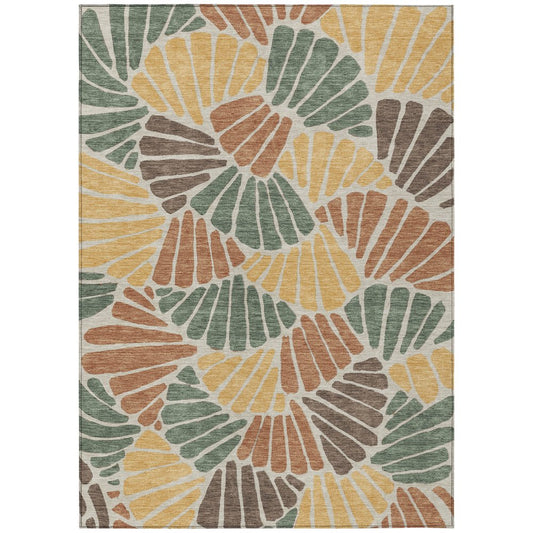 10' X 14' Artichoke Green Copper And Gold Floral Washable Indoor Outdoor Area Rug
