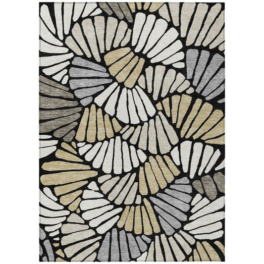 9' X 12' Black Ivory And Gold Floral Washable Indoor Outdoor Area Rug