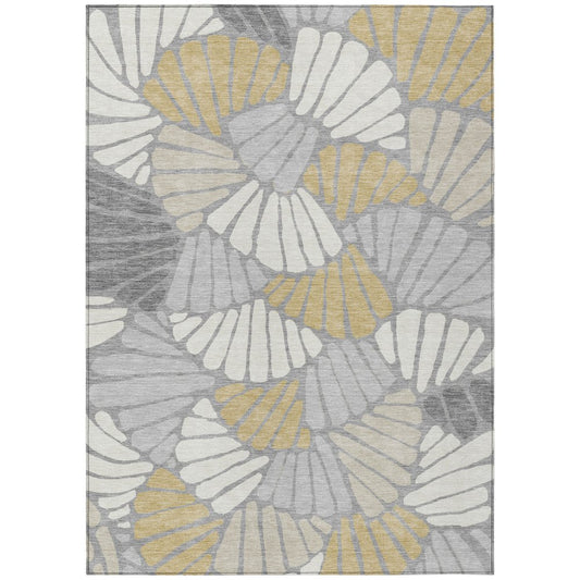 10' X 14' Gray Gold And Ivory Floral Washable Indoor Outdoor Area Rug
