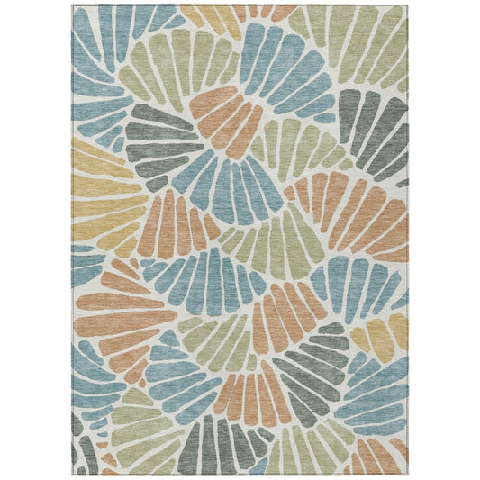 9' X 12' Pale Aqua Copper And Gold Floral Washable Indoor Outdoor Area Rug