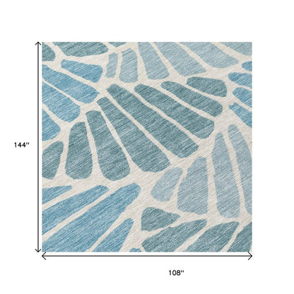 9' X 12' Teal Blue Ivory And Gray Floral Washable Indoor Outdoor Area Rug