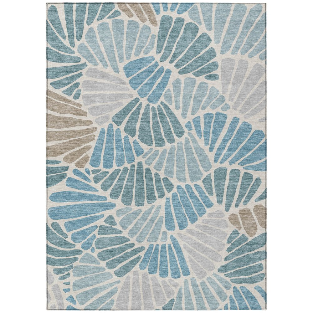 9' X 12' Teal Blue Ivory And Gray Floral Washable Indoor Outdoor Area Rug