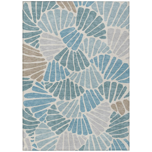 9' X 12' Teal Blue Ivory And Gray Floral Washable Indoor Outdoor Area Rug