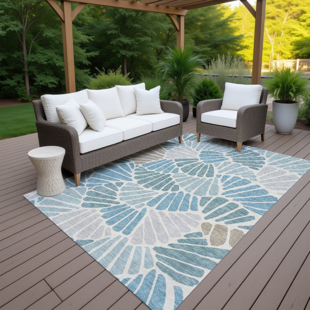 9' X 12' Teal Blue Ivory And Gray Floral Washable Indoor Outdoor Area Rug