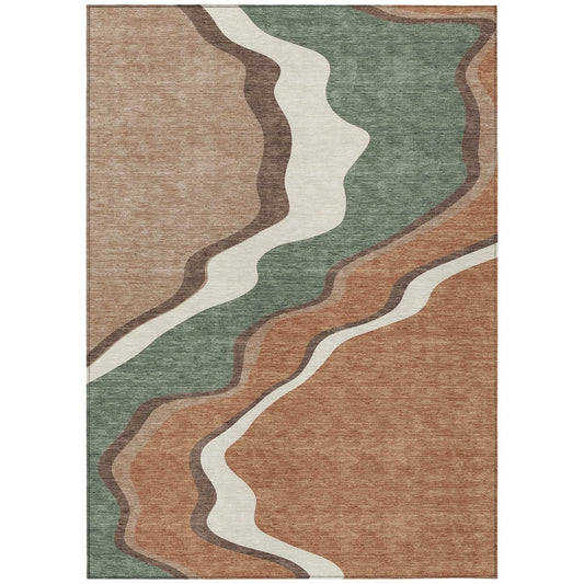 9' X 12' Copper Ivory And Fern Green Abstract Washable Indoor Outdoor Area Rug