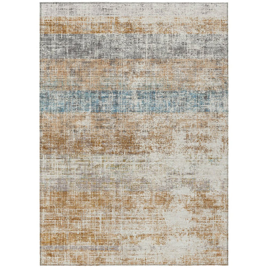 10' X 14' Copper Beige And Blue Striped Washable Indoor Outdoor Area Rug