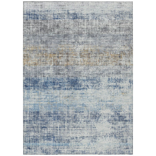 9' X 12' Denim Blue Ivory And Beige Striped Washable Indoor Outdoor Area Rug