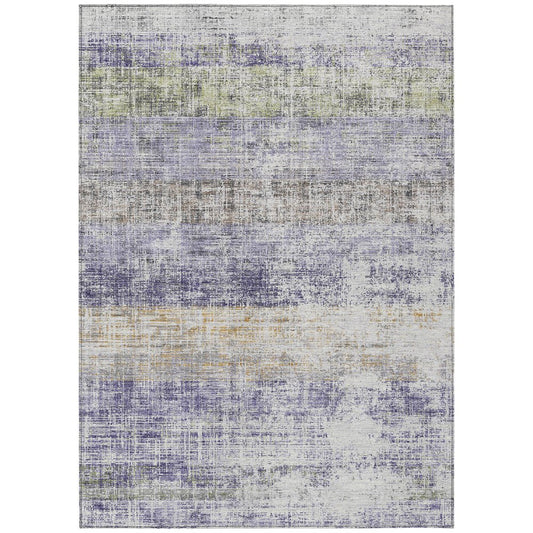 9' X 12' Lavender Ivory And Gray Striped Washable Indoor Outdoor Area Rug