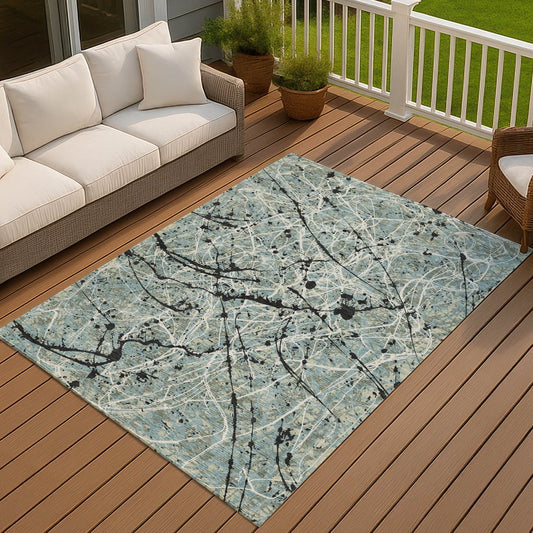 10' X 14' Artichoke Green Black And Ivory Abstract Washable Indoor Outdoor Area Rug