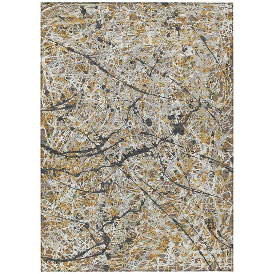 9' X 12' Beige Black And Ivory Abstract Washable Indoor Outdoor Area Rug