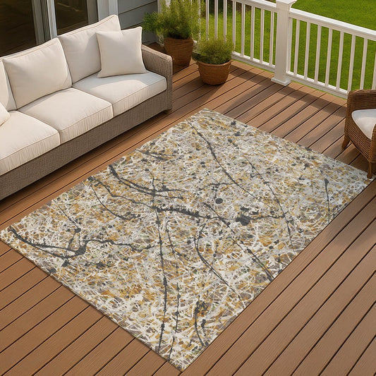 10' X 14' Beige Black And Ivory Abstract Washable Indoor Outdoor Area Rug