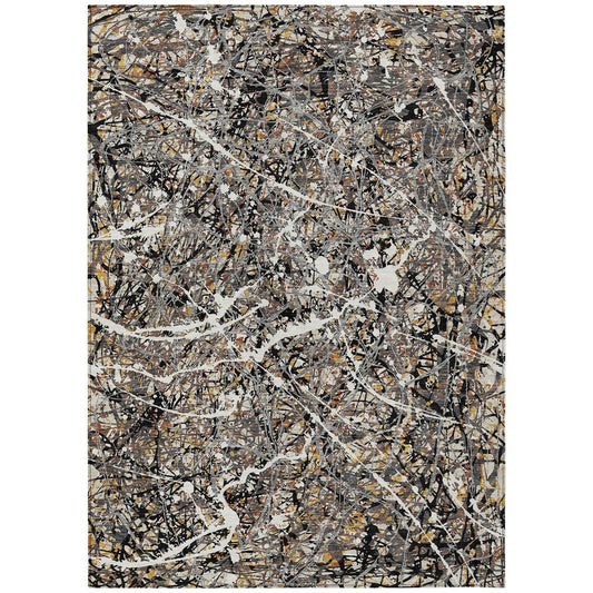 9' X 12' Black Ivory And Beige Abstract Washable Indoor Outdoor Area Rug