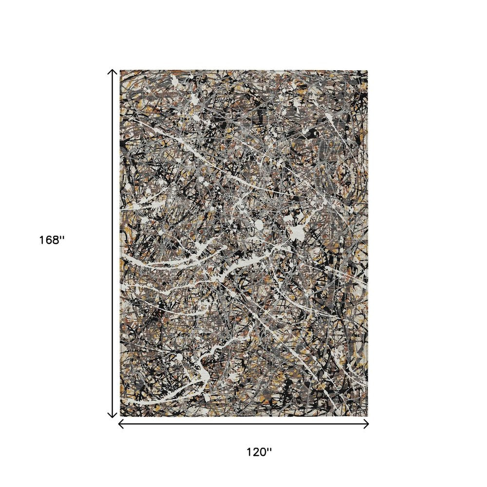 10' X 14' Black Ivory And Beige Abstract Washable Indoor Outdoor Area Rug