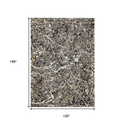10' X 14' Black Ivory And Beige Abstract Washable Indoor Outdoor Area Rug