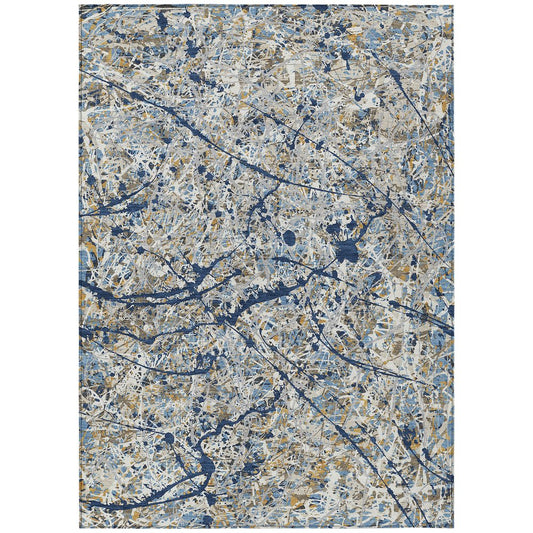 9' X 12' Navy Blue Ivory And Copper Abstract Washable Indoor Outdoor Area Rug