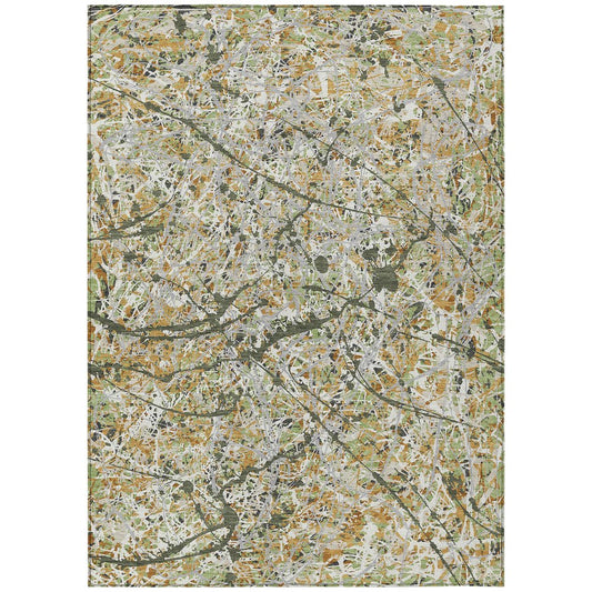 9' X 12' Olive Green Gold And Ivory Abstract Washable Indoor Outdoor Area Rug