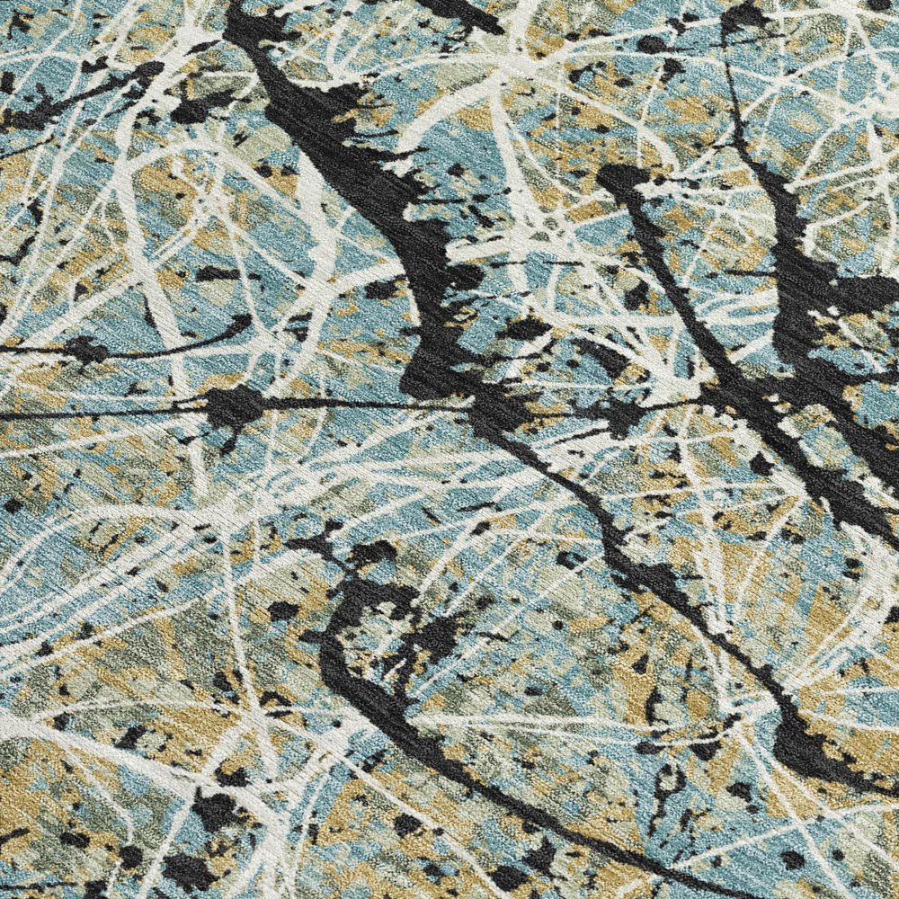 9' X 12' Teal Blue Black And Ivory Abstract Washable Indoor Outdoor Area Rug