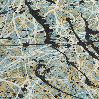 9' X 12' Teal Blue Black And Ivory Abstract Washable Indoor Outdoor Area Rug