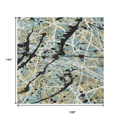 9' X 12' Teal Blue Black And Ivory Abstract Washable Indoor Outdoor Area Rug