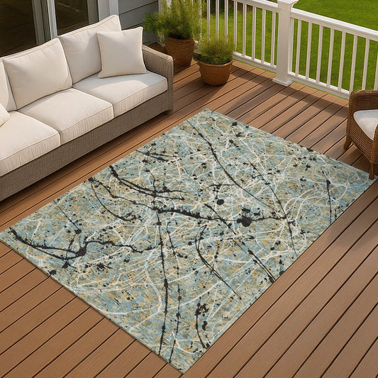 9' X 12' Teal Blue Black And Ivory Abstract Washable Indoor Outdoor Area Rug