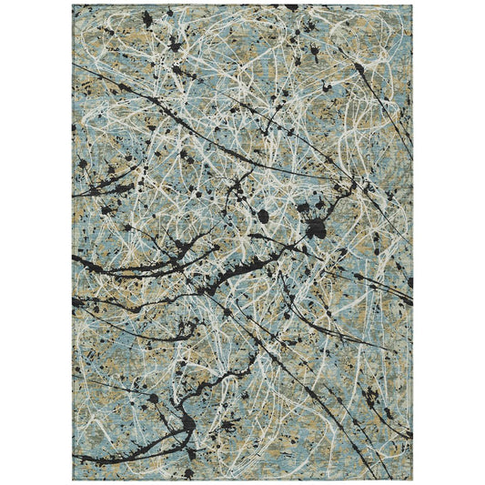 9' X 12' Teal Blue Black And Ivory Abstract Washable Indoor Outdoor Area Rug