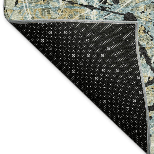9' X 12' Teal Blue Black And Ivory Abstract Washable Indoor Outdoor Area Rug