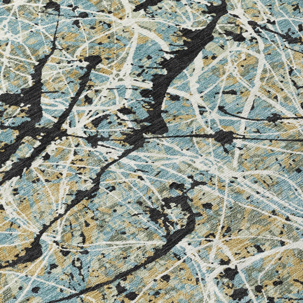 9' X 12' Teal Blue Black And Ivory Abstract Washable Indoor Outdoor Area Rug