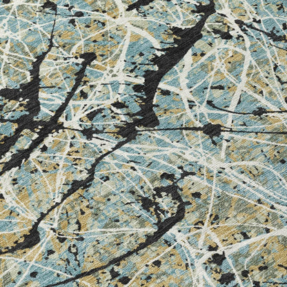 9' X 12' Teal Blue Black And Ivory Abstract Washable Indoor Outdoor Area Rug