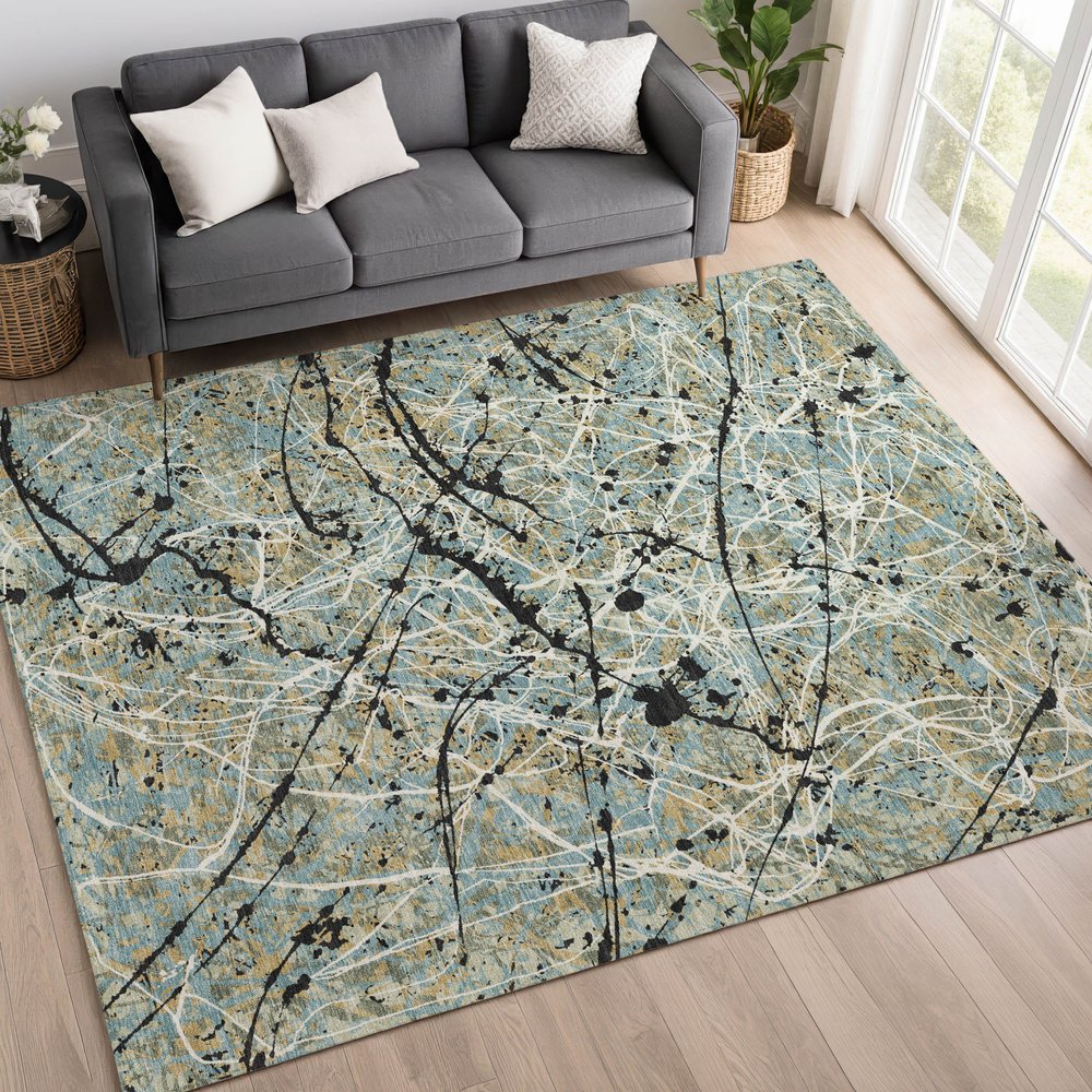 9' X 12' Teal Blue Black And Ivory Abstract Washable Indoor Outdoor Area Rug