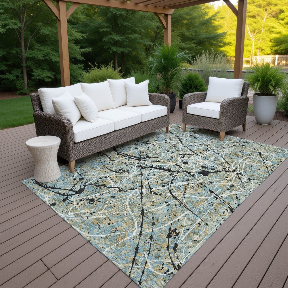 9' X 12' Teal Blue Black And Ivory Abstract Washable Indoor Outdoor Area Rug