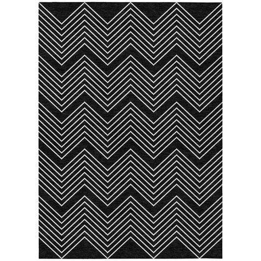 10' X 14' Black And Ivory Geometric Washable Indoor Outdoor Area Rug