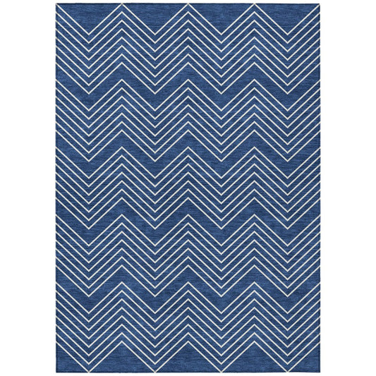 10' X 14' Navy Blue And Ivory Geometric Washable Indoor Outdoor Area Rug