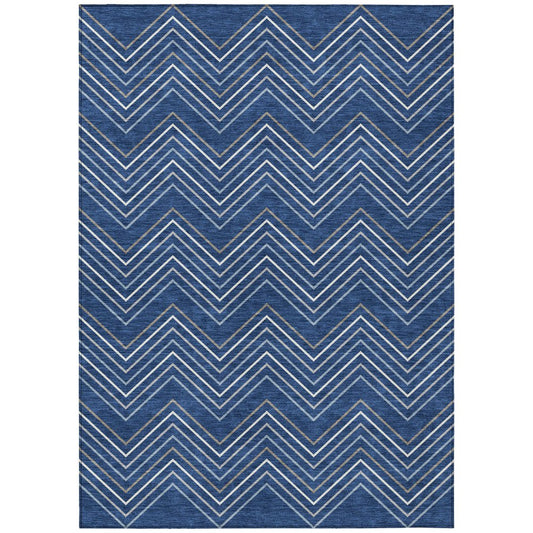 9' X 12' Navy Blue Ivory And Gray Geometric Washable Indoor Outdoor Area Rug