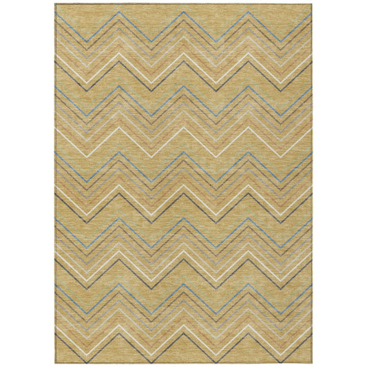 10' X 14' Gold Ivory And Blue Striped Washable Indoor Outdoor Area Rug