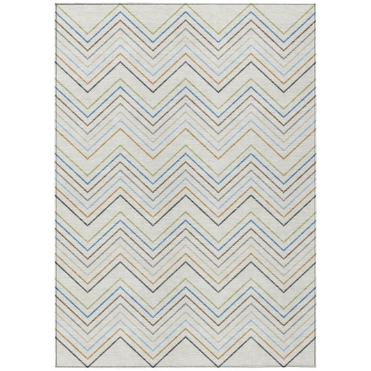 9' X 12' Ivory Blue And Beige Striped Washable Indoor Outdoor Area Rug