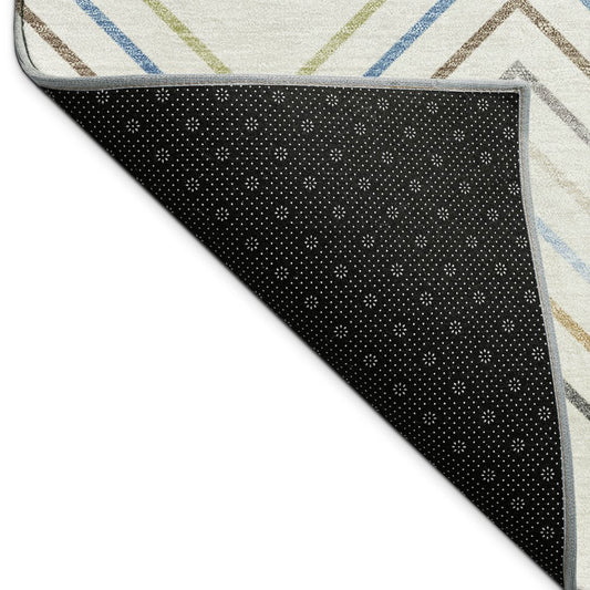 9' X 12' Ivory Blue And Beige Striped Washable Indoor Outdoor Area Rug